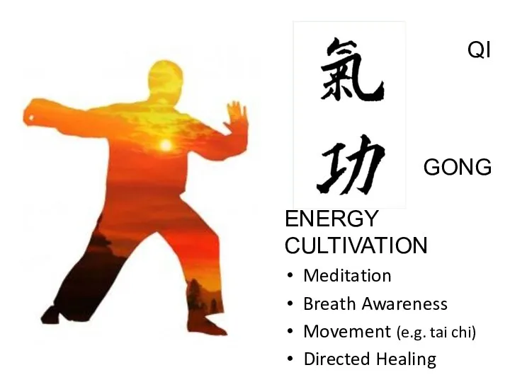 QI GONG ENERGY CULTIVATION Meditation Breath Awareness Movement (e.g. tai chi) Directed Healing