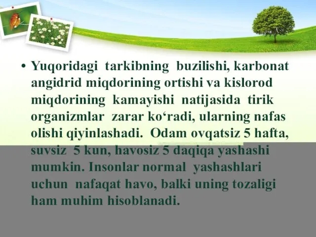 Yuqoridagi tarkibning buzilishi, karbonat angidrid miqdorining ortishi va kislorod miqdorining