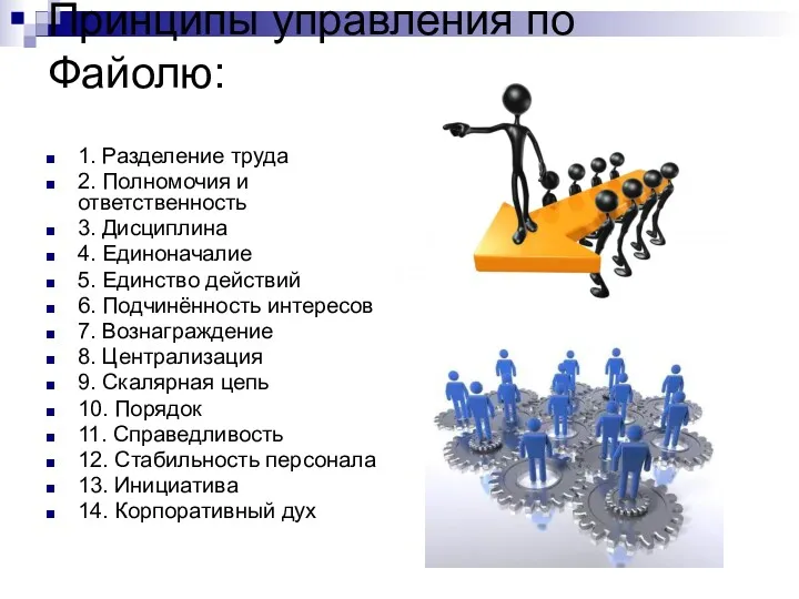 Принципы управления по Файолю: 1. Разделение труда 2. Полномочия и