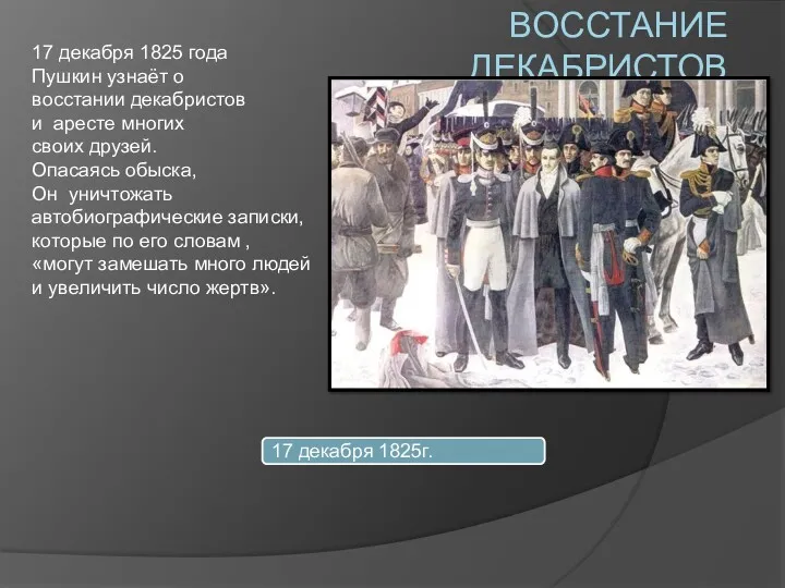 ВОССТАНИЕ ДЕКАБРИСТОВ 17 декабря 1825г. 17 декабря 1825 года Пушкин