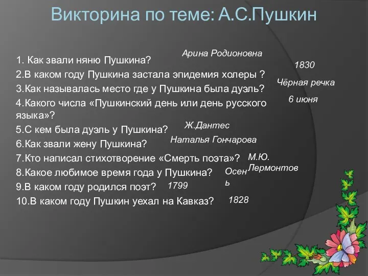 Викторина по теме: А.С.Пушкин 1. Как звали няню Пушкина? 2.В