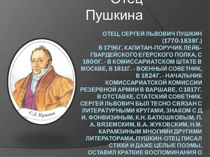 ОТЕЦ, СЕРГЕЙ ЛЬВОВИЧ ПУШКИН (1770-1838Г.) В 1796Г. КАПИТАН-ПОРУЧИК ЛЕЙБ-ГВАРДЕЙСКОГО ЕГЕРСКОГО