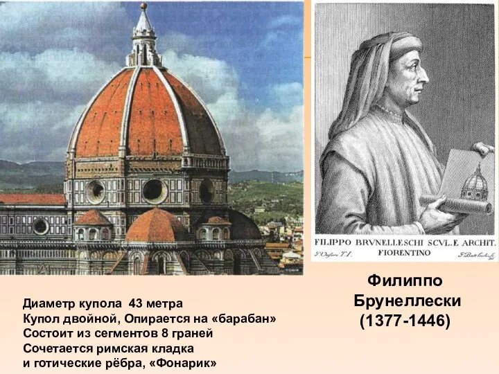 Филиппо Брунеллески (1377-1446) Диаметр купола 43 метра Купол двойной, Опирается на «барабан» Состоит