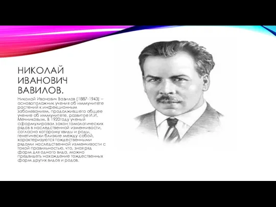 НИКОЛАЙ ИВАНОВИЧ ВАВИЛОВ. Николай Иванович Вавилов (1887-1943) – основоположник учения об иммунитете растений