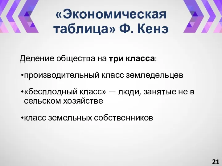 «Экономическая таблица» Ф. Кенэ Деление общества на три класса: производительный