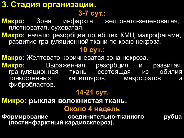 3. Стадия организации. 3-7 сут.: Макро: Зона инфаркта желтовато-зеленоватая, плотноватая,