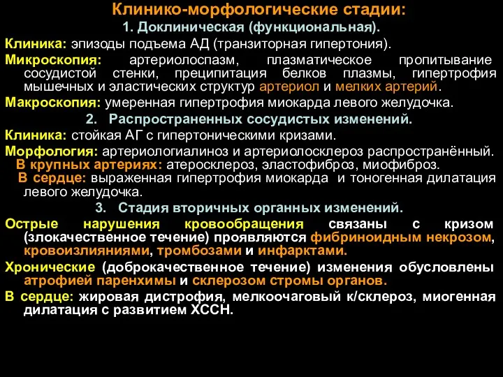 Клинико-морфологические стадии: 1. Доклиническая (функциональная). Клиника: эпизоды подъема АД (транзиторная