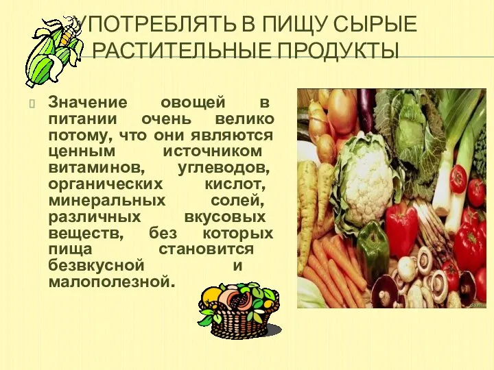УПОТРЕБЛЯТЬ В ПИЩУ СЫРЫЕ РАСТИТЕЛЬНЫЕ ПРОДУКТЫ Значение овощей в питании