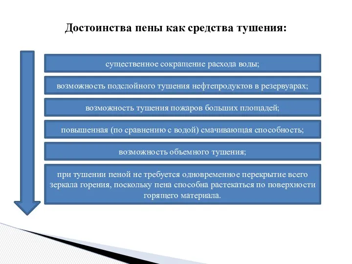 Достоинства пены как средства тушения: существенное сокращение расхода воды; при