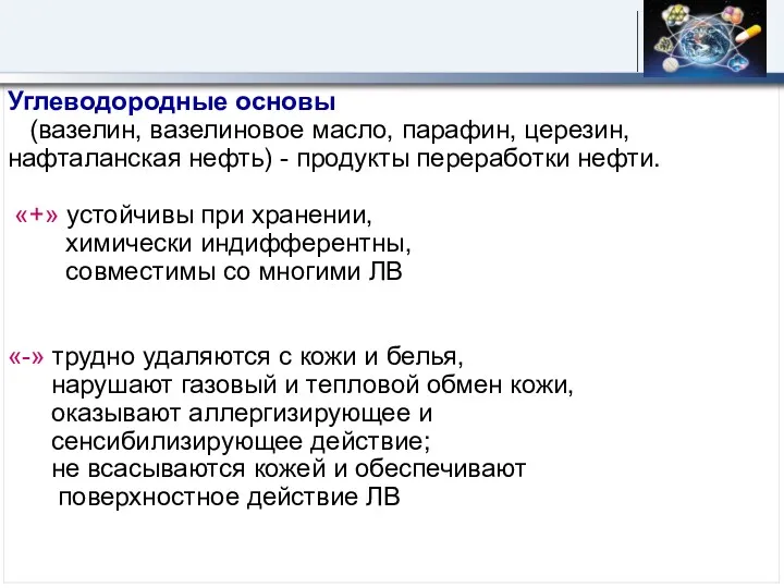 Углеводородные основы (вазелин, вазелиновое масло, парафин, церезин, нафталанская нефть) -