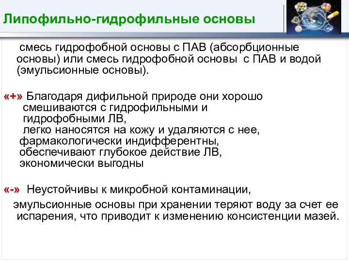 Липофильно-гидрофильные основы смесь гидрофобной основы с ПАВ (абсорбционные основы) или