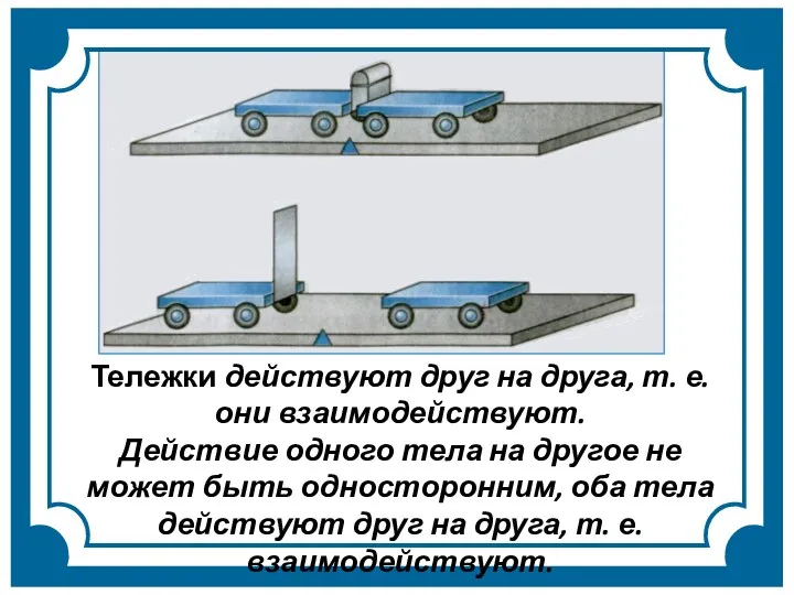 Тележки действуют друг на друга, т. е. они взаимодействуют. Действие