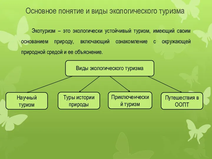 Основное понятие и виды экологического туризма Экотуризм – это экологически