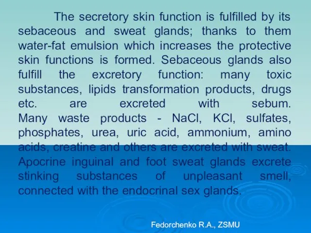 The secretory skin function is fulfilled by its sebaceous and