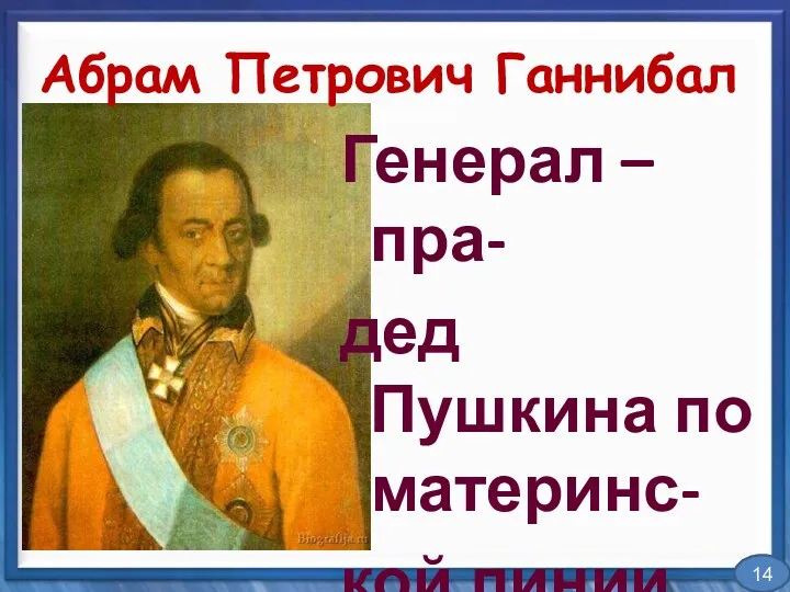 Абрам Петрович Ганнибал Генерал – пра- дед Пушкина по материнс- кой линии, эфиоп. 14