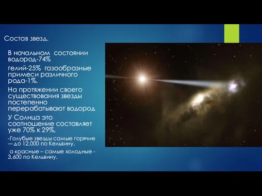 Состав звезд. В начальном состоянии водород-74% гелий-25% газообразные примеси различного