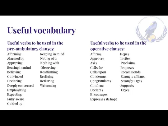 Useful vocabulary Useful verbs to be used in the pre-ambulatory