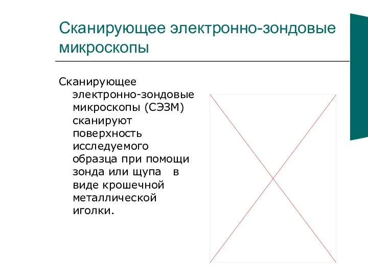 Сканирующее электронно-зондовые микроскопы Сканирующее электронно-зондовые микроскопы (СЭЗМ) сканируют поверхность исследуемого