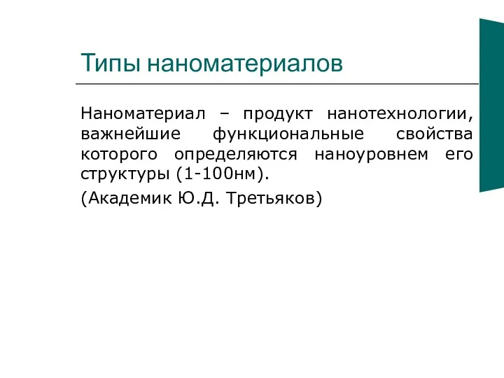 Типы наноматериалов Наноматериал – продукт нанотехнологии, важнейшие функциональные свойства которого