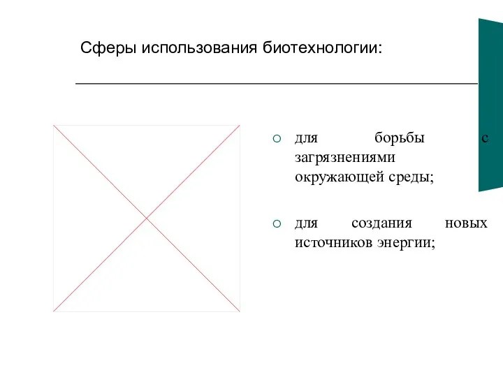 Сферы использования биотехнологии: для борьбы с загрязнениями окружающей среды; для создания новых источников энергии;