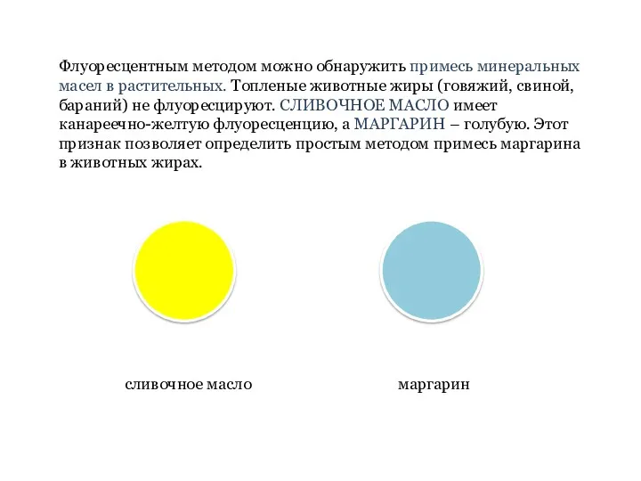 Флуоресцентным методом можно обнаружить примесь минеральных масел в растительных. Топленые