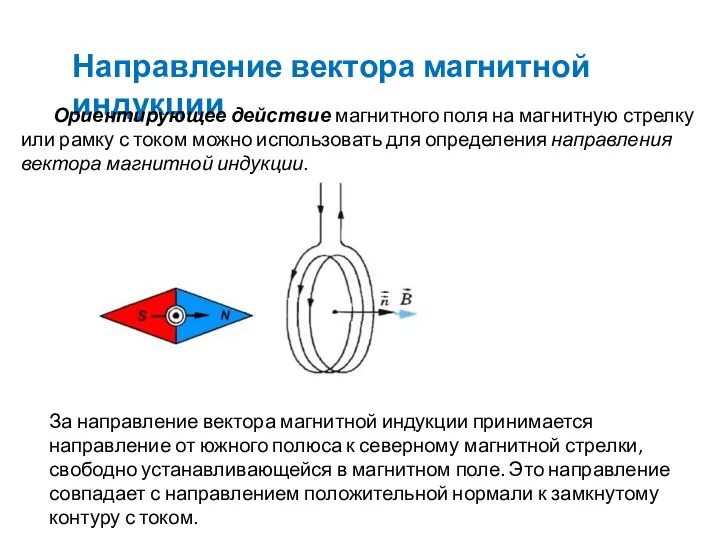 Направление вектора магнитной индукции Ориентирующее действие магнитного поля на магнитную