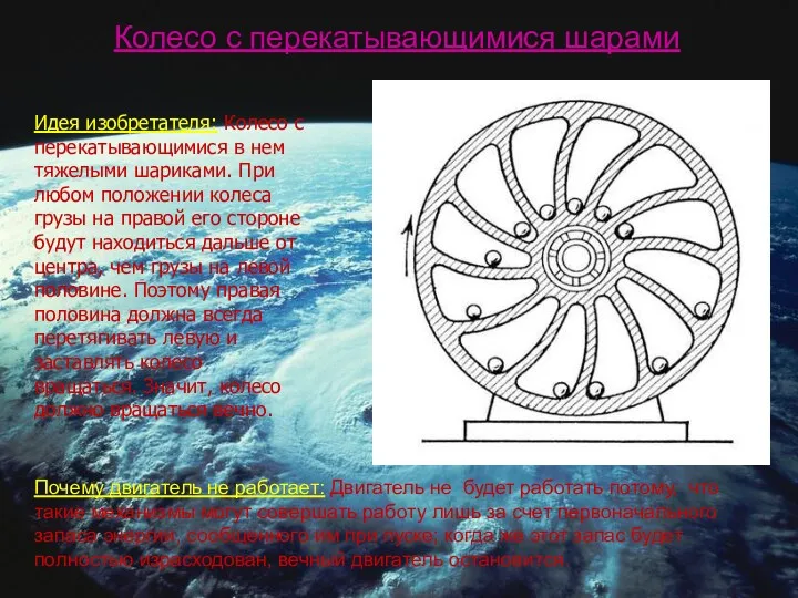 Идея изобретателя: Колесо с перекатывающимися в нем тяжелыми шариками. При