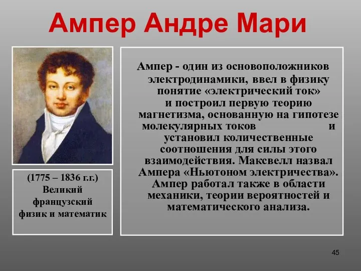 Ампер Андре Мари Ампер - один из основоположников электродинамики, ввел