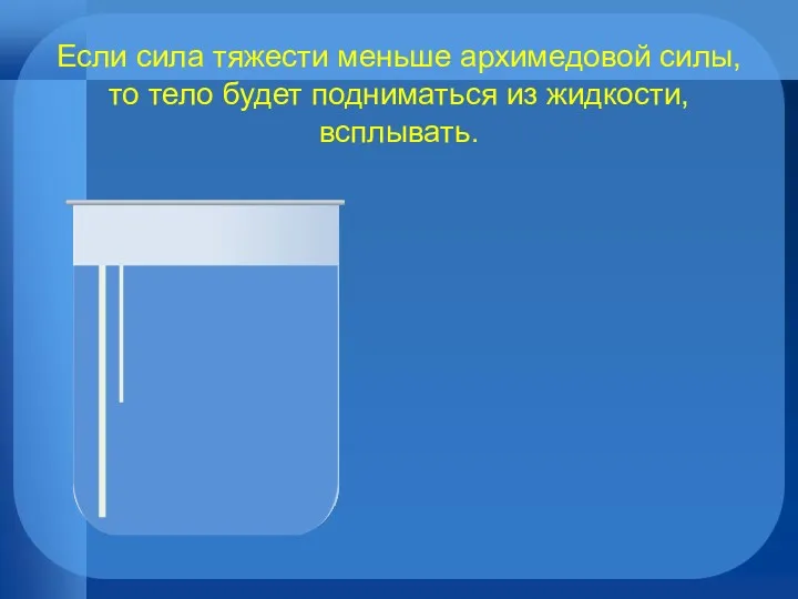 Если сила тяжести меньше архимедовой силы, то тело будет подниматься из жидкости, всплывать.