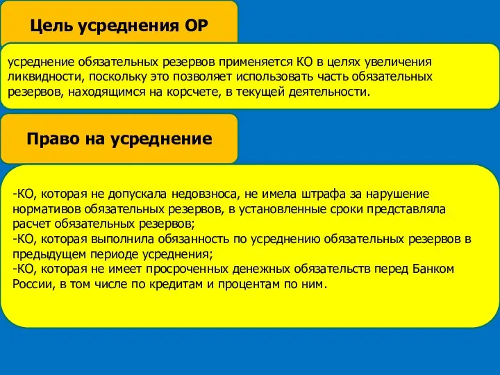 Цель усреднения ОР усреднение обязательных резервов применяется КО в целях