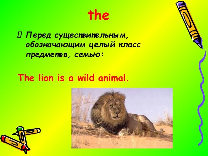 the Перед существительным, обозначающим целый класс предметов, семью: The lion is a wild animal.