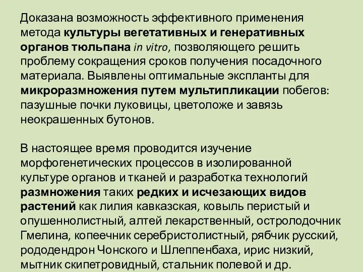 Доказана возможность эффективного применения метода культуры вегетативных и генеративных органов