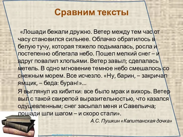 Сравним тексты «Лошади бежали дружно. Ветер между тем час от