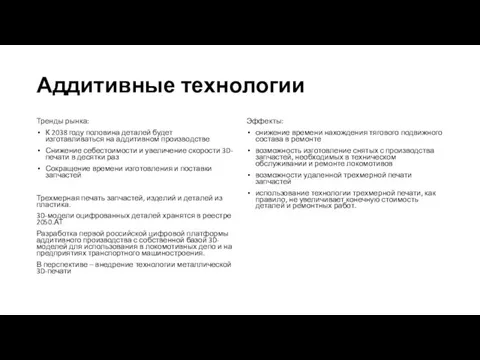 Аддитивные технологии Тренды рынка: К 2038 году половина деталей будет