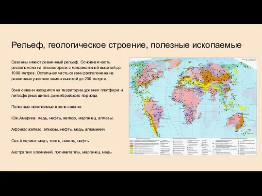 Рельеф, геологическое строение, полезные ископаемые Саванны имеют равнинный рельеф. Основная