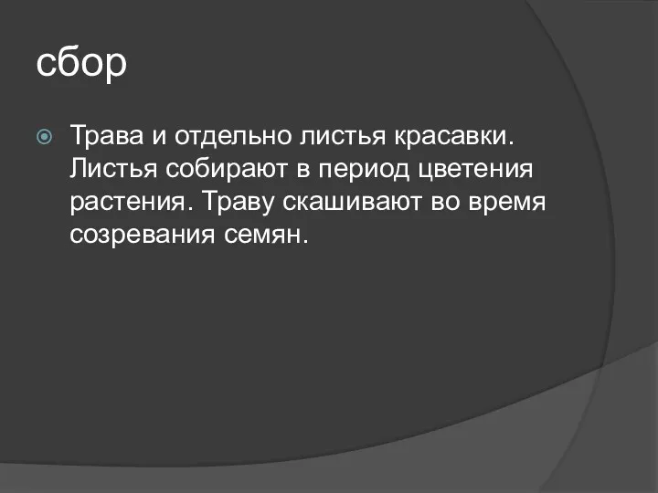 сбор Трава и отдельно листья красавки. Листья собирают в период цветения растения. Траву