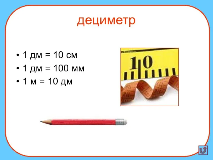 дециметр 1 дм = 10 см 1 дм = 100 мм 1 м = 10 дм