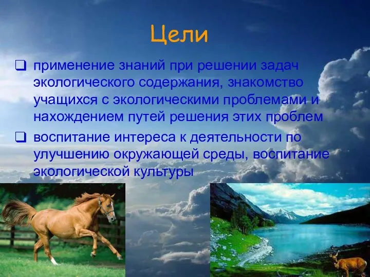 Цели применение знаний при решении задач экологического содержания, знакомство учащихся