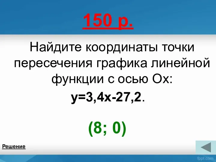 150 р. Найдите координаты точки пересечения графика линейной функции с осью Ox: y=3,4x-27,2. (8; 0) Решение