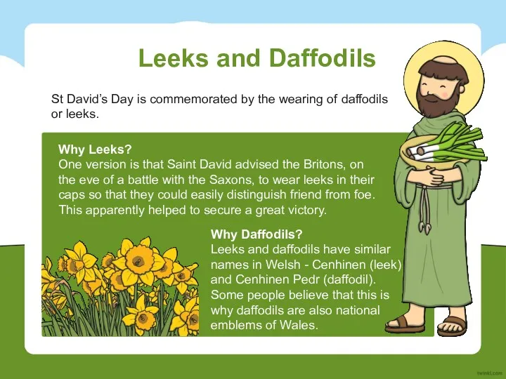 Leeks and Daffodils Why Leeks? One version is that Saint David advised the