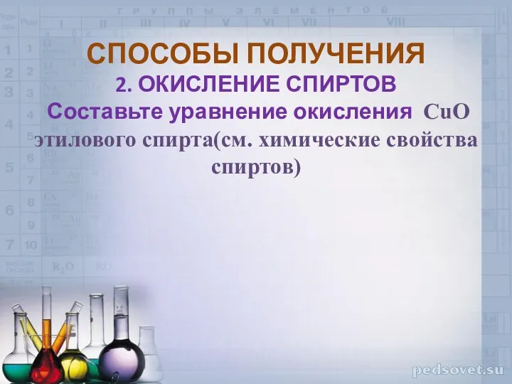 СПОСОБЫ ПОЛУЧЕНИЯ 2. ОКИСЛЕНИЕ СПИРТОВ Составьте уравнение окисления CuO этилового