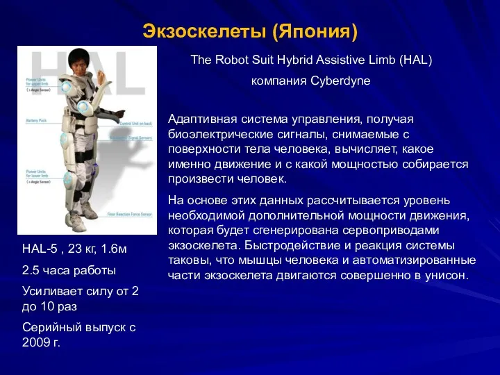 Экзоскелеты (Япония) HAL-5 , 23 кг, 1.6м 2.5 часа работы