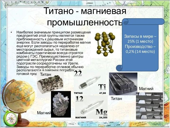 Титано - магниевая промышленность Наиболее значимым принципом размещения предприятий этой