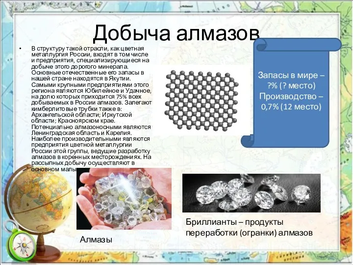 Добыча алмазов В структуру такой отрасли, как цветная металлургия России,