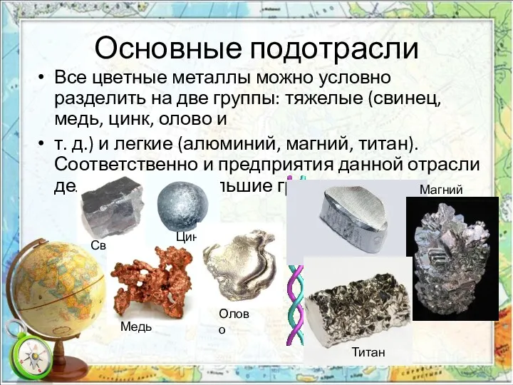 Основные подотрасли Все цветные металлы можно условно разделить на две