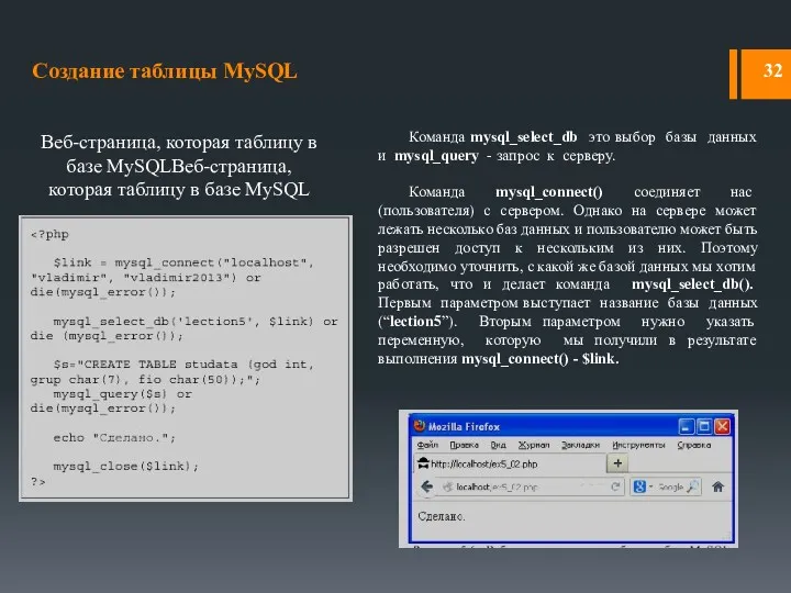 Создание таблицы MySQL Веб-страница, которая таблицу в базе MySQLВеб-страница, которая