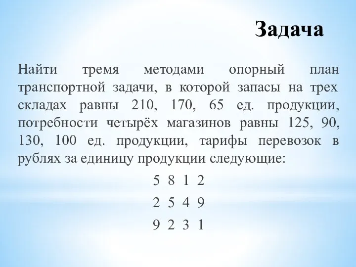 Задача Найти тремя методами опорный план транспортной задачи, в которой