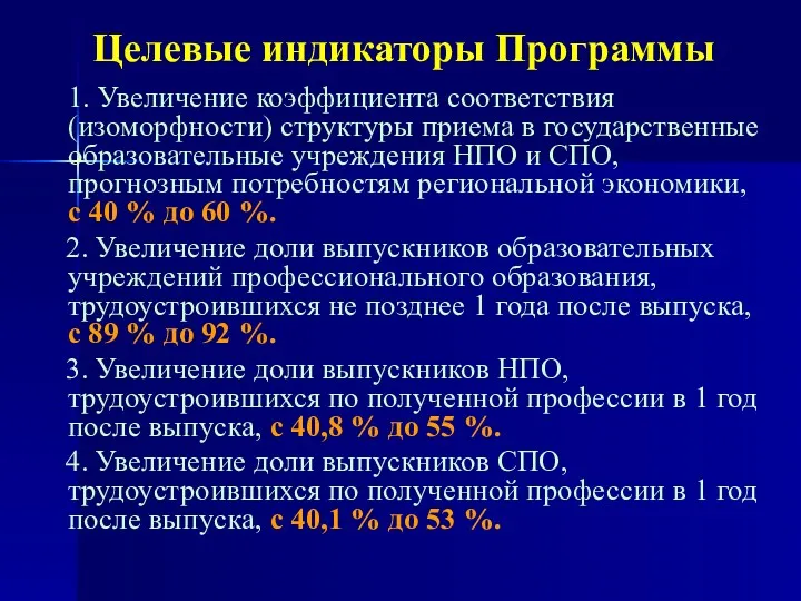 Целевые индикаторы Программы 1. Увеличение коэффициента соответствия (изоморфности) структуры приема