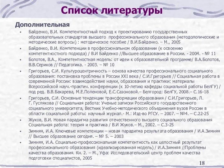 Список литературы Дополнительная Байденко, В.И. Компетентностный подход к проектированию государственных образовательных стандартов высшего