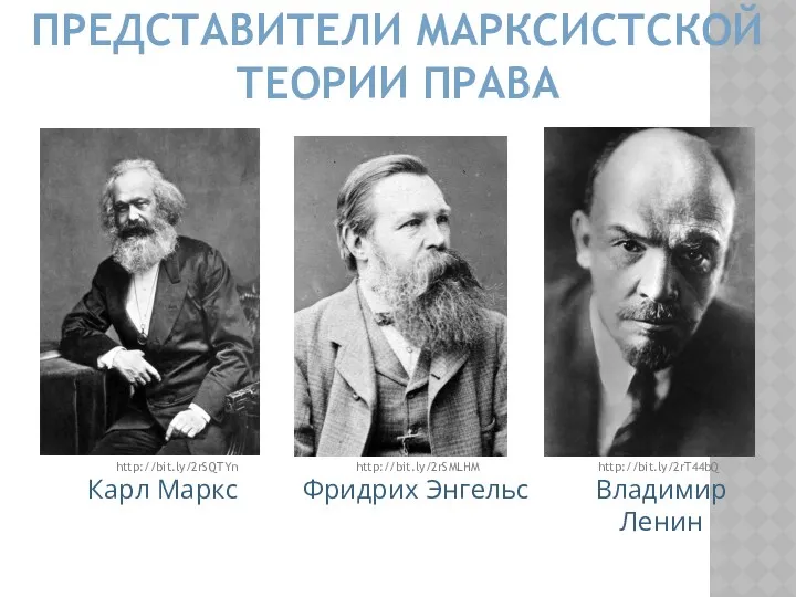ПРЕДСТАВИТЕЛИ МАРКСИСТСКОЙ ТЕОРИИ ПРАВА Карл Маркс Фридрих Энгельс Владимир Ленин http://bit.ly/2rSQTYn http://bit.ly/2rSMLHM http://bit.ly/2rT44bQ